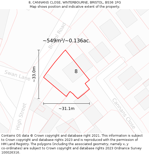 8, CANNANS CLOSE, WINTERBOURNE, BRISTOL, BS36 1PG: Plot and title map