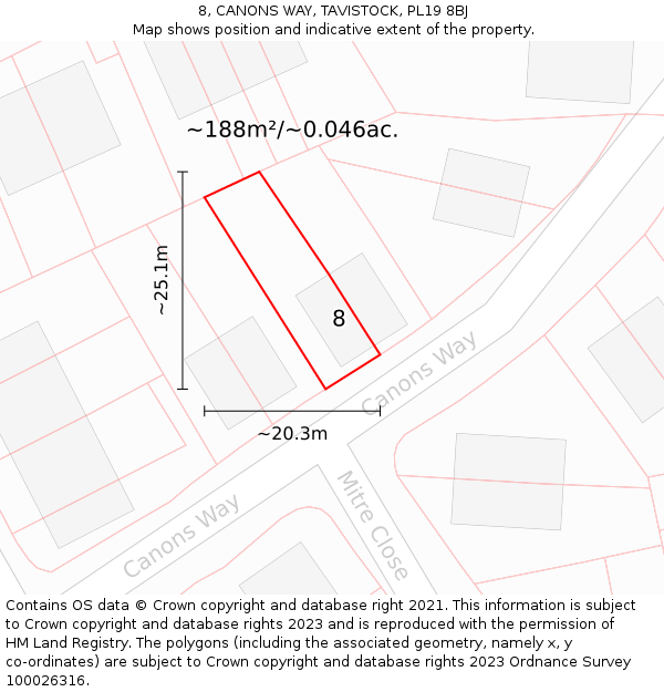 8, CANONS WAY, TAVISTOCK, PL19 8BJ: Plot and title map