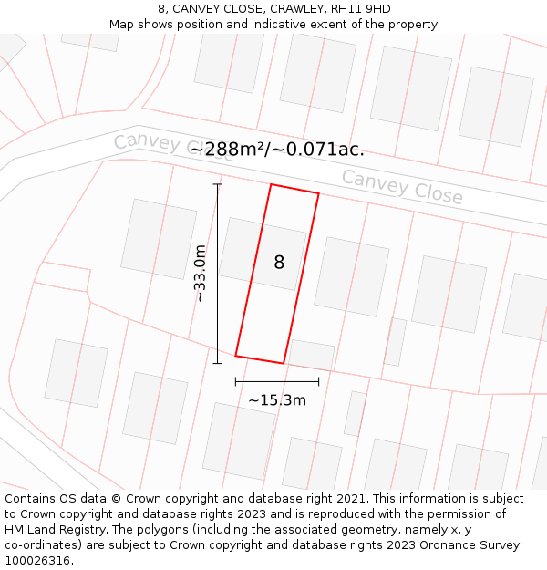 8, CANVEY CLOSE, CRAWLEY, RH11 9HD: Plot and title map