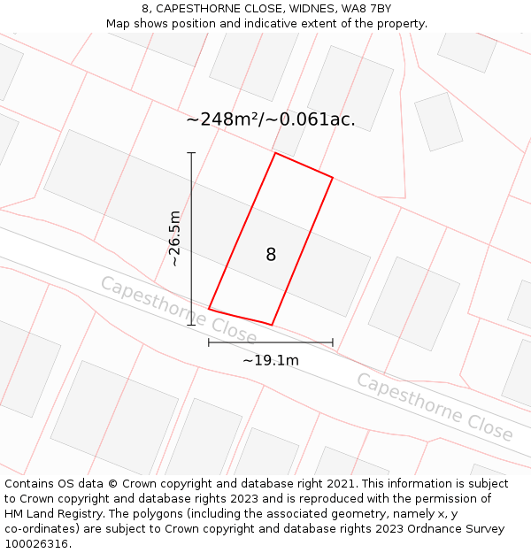 8, CAPESTHORNE CLOSE, WIDNES, WA8 7BY: Plot and title map