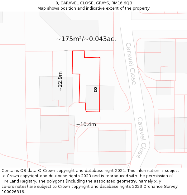8, CARAVEL CLOSE, GRAYS, RM16 6QB: Plot and title map