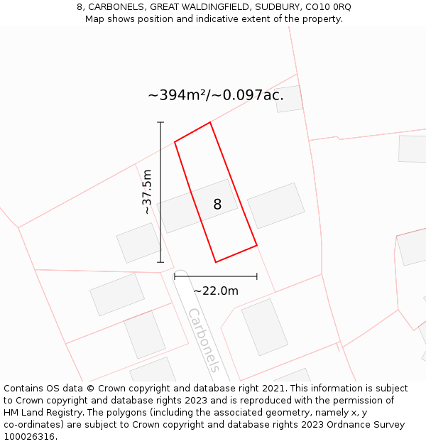 8, CARBONELS, GREAT WALDINGFIELD, SUDBURY, CO10 0RQ: Plot and title map