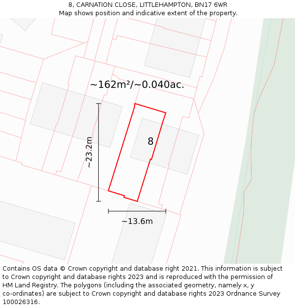 8, CARNATION CLOSE, LITTLEHAMPTON, BN17 6WR: Plot and title map