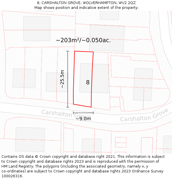 8, CARSHALTON GROVE, WOLVERHAMPTON, WV2 2QZ: Plot and title map