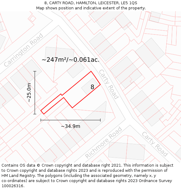 8, CARTY ROAD, HAMILTON, LEICESTER, LE5 1QS: Plot and title map