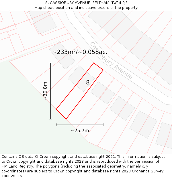 8, CASSIOBURY AVENUE, FELTHAM, TW14 9JF: Plot and title map