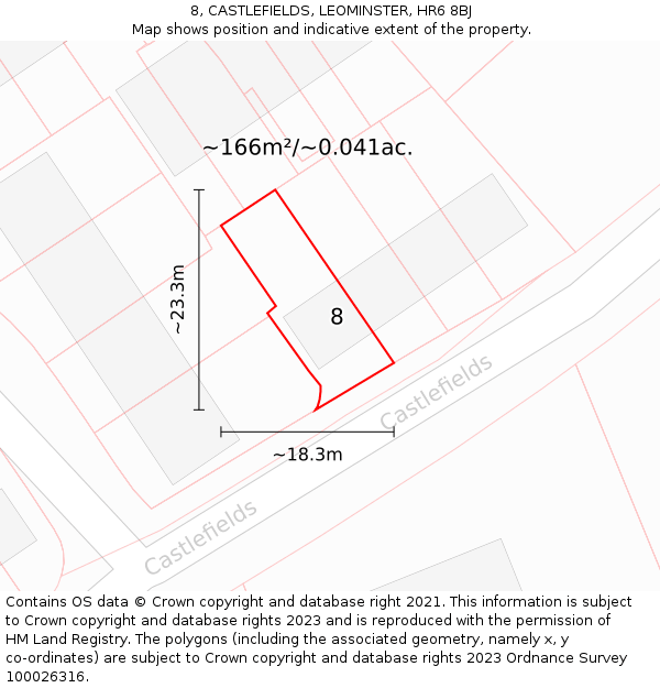 8, CASTLEFIELDS, LEOMINSTER, HR6 8BJ: Plot and title map