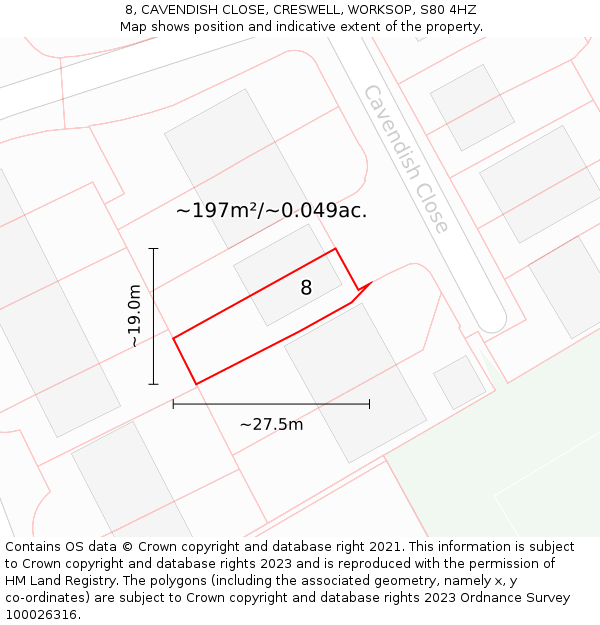 8, CAVENDISH CLOSE, CRESWELL, WORKSOP, S80 4HZ: Plot and title map
