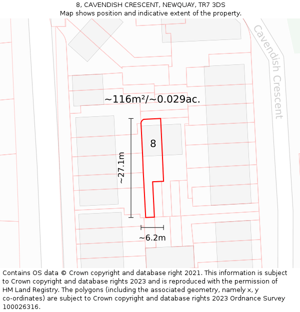 8, CAVENDISH CRESCENT, NEWQUAY, TR7 3DS: Plot and title map