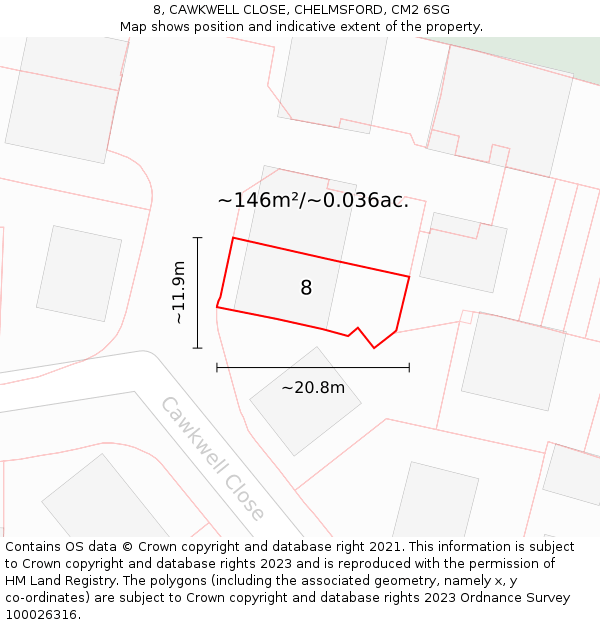 8, CAWKWELL CLOSE, CHELMSFORD, CM2 6SG: Plot and title map