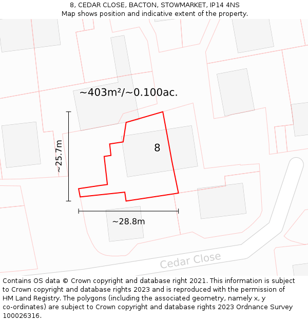 8, CEDAR CLOSE, BACTON, STOWMARKET, IP14 4NS: Plot and title map