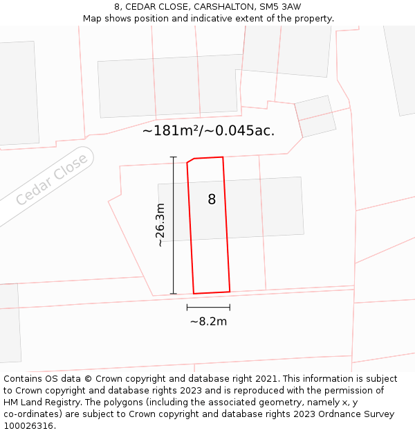 8, CEDAR CLOSE, CARSHALTON, SM5 3AW: Plot and title map