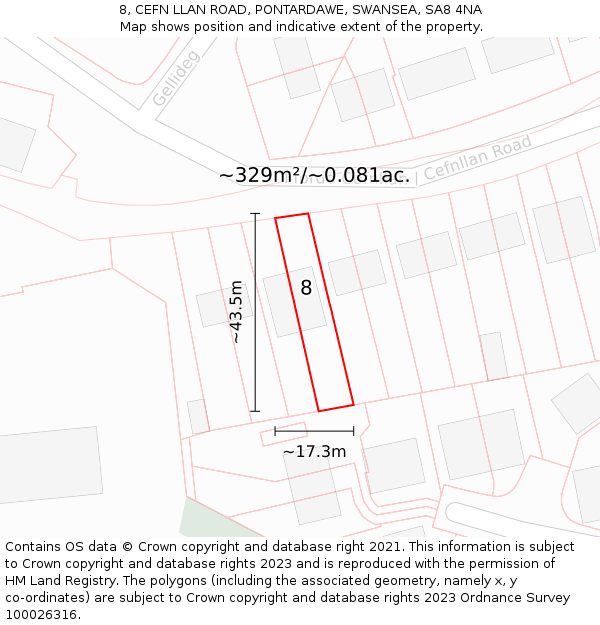 8, CEFN LLAN ROAD, PONTARDAWE, SWANSEA, SA8 4NA: Plot and title map