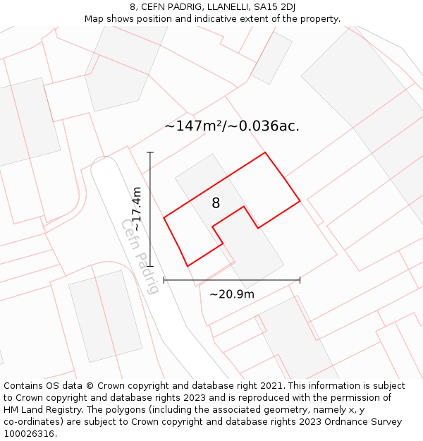 8, CEFN PADRIG, LLANELLI, SA15 2DJ: Plot and title map