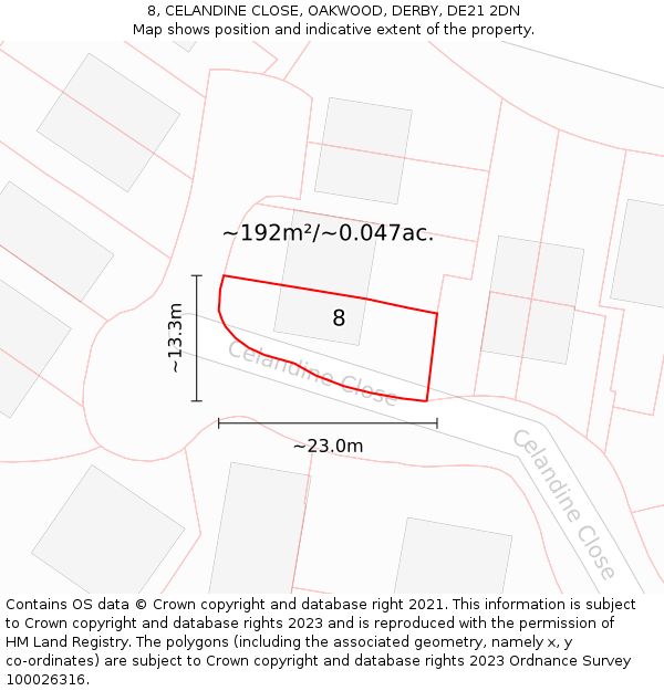 8, CELANDINE CLOSE, OAKWOOD, DERBY, DE21 2DN: Plot and title map