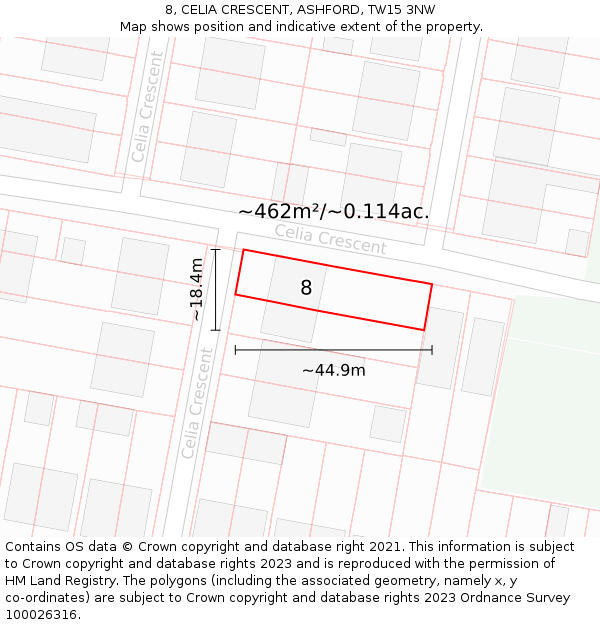 8, CELIA CRESCENT, ASHFORD, TW15 3NW: Plot and title map