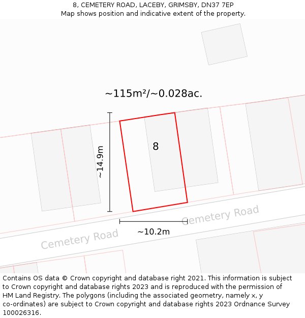 8, CEMETERY ROAD, LACEBY, GRIMSBY, DN37 7EP: Plot and title map