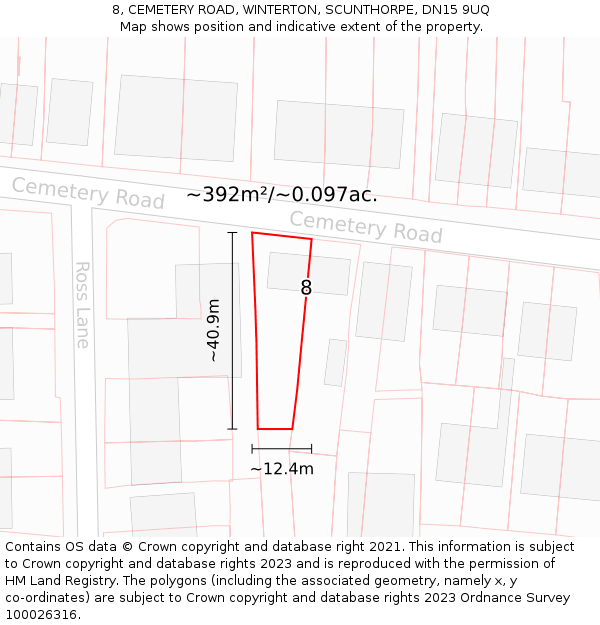 8, CEMETERY ROAD, WINTERTON, SCUNTHORPE, DN15 9UQ: Plot and title map