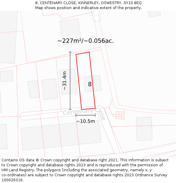 8, CENTENARY CLOSE, KINNERLEY, OSWESTRY, SY10 8EQ: Plot and title map