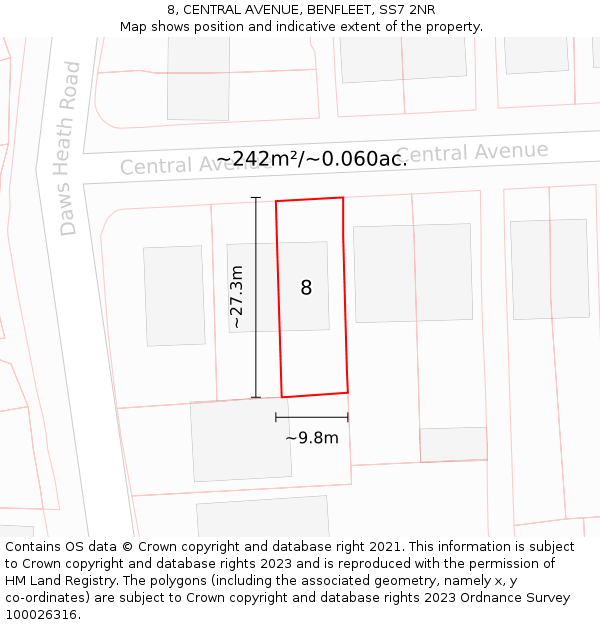 8, CENTRAL AVENUE, BENFLEET, SS7 2NR: Plot and title map