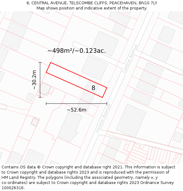8, CENTRAL AVENUE, TELSCOMBE CLIFFS, PEACEHAVEN, BN10 7LY: Plot and title map