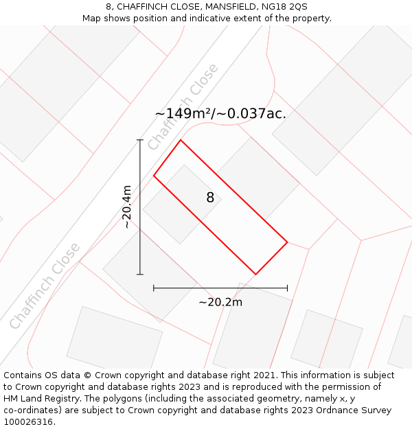 8, CHAFFINCH CLOSE, MANSFIELD, NG18 2QS: Plot and title map