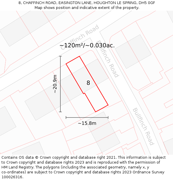8, CHAFFINCH ROAD, EASINGTON LANE, HOUGHTON LE SPRING, DH5 0GF: Plot and title map