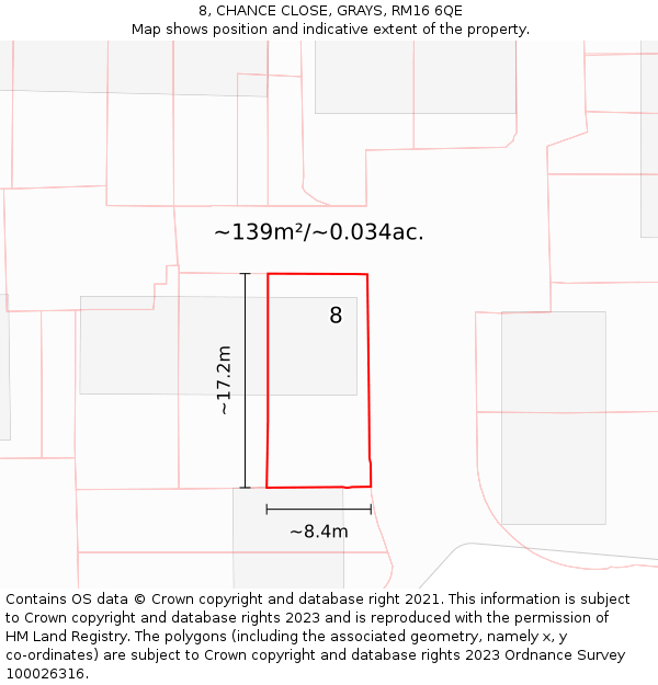 8, CHANCE CLOSE, GRAYS, RM16 6QE: Plot and title map