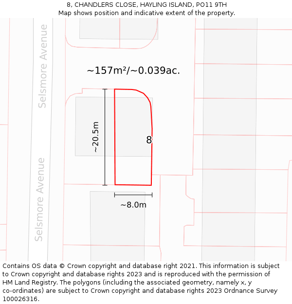 8, CHANDLERS CLOSE, HAYLING ISLAND, PO11 9TH: Plot and title map