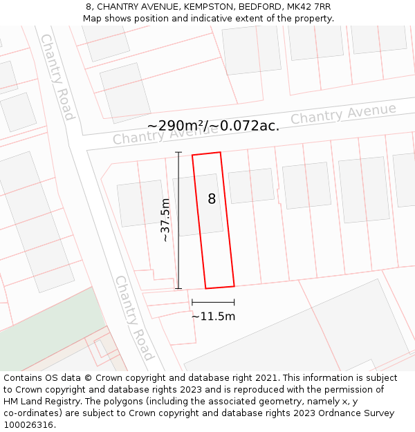 8, CHANTRY AVENUE, KEMPSTON, BEDFORD, MK42 7RR: Plot and title map