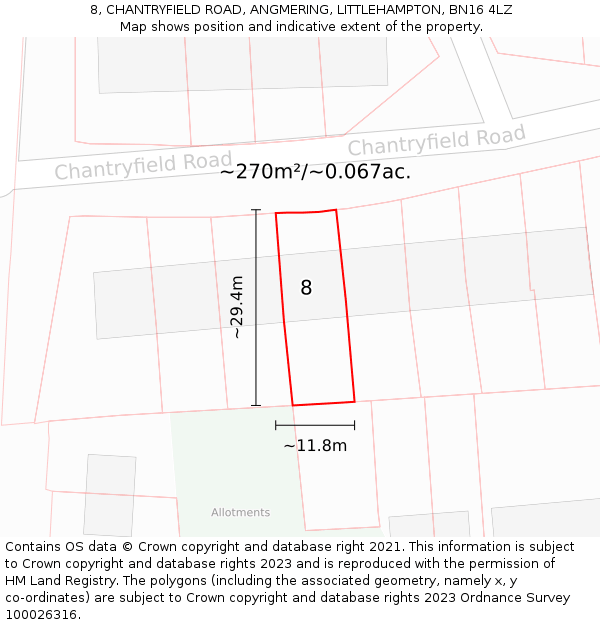 8, CHANTRYFIELD ROAD, ANGMERING, LITTLEHAMPTON, BN16 4LZ: Plot and title map