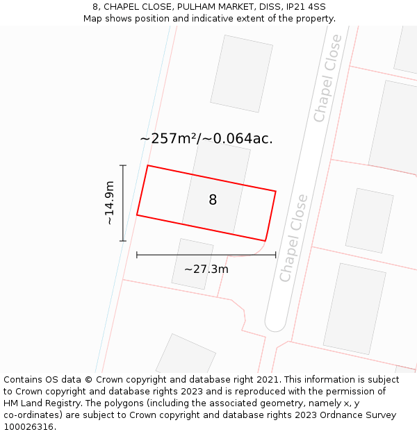 8, CHAPEL CLOSE, PULHAM MARKET, DISS, IP21 4SS: Plot and title map
