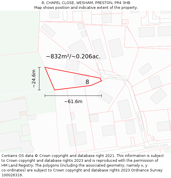 8, CHAPEL CLOSE, WESHAM, PRESTON, PR4 3HB: Plot and title map
