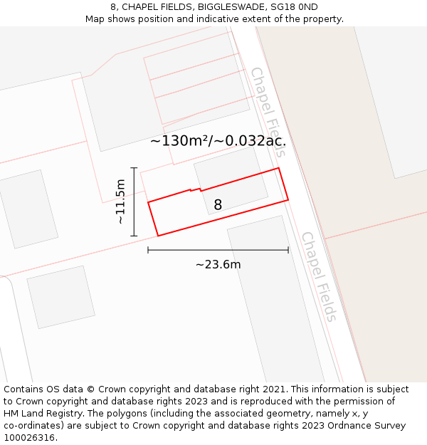 8, CHAPEL FIELDS, BIGGLESWADE, SG18 0ND: Plot and title map