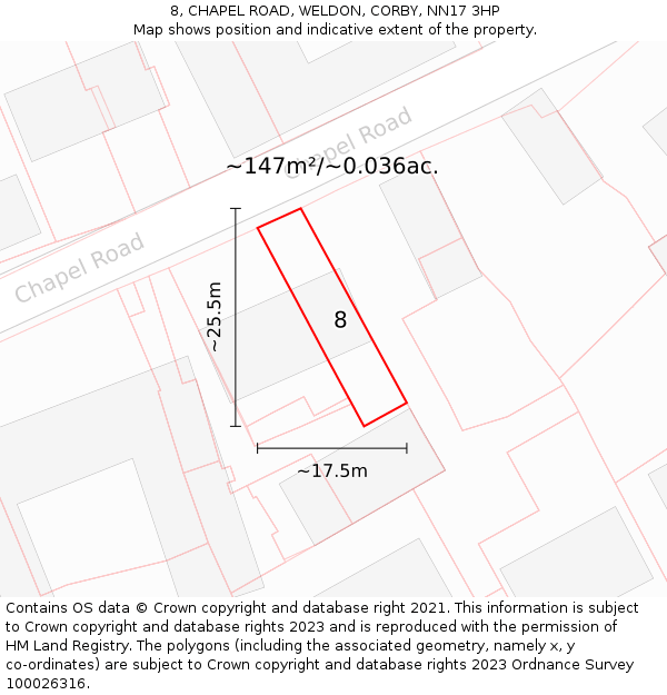 8, CHAPEL ROAD, WELDON, CORBY, NN17 3HP: Plot and title map