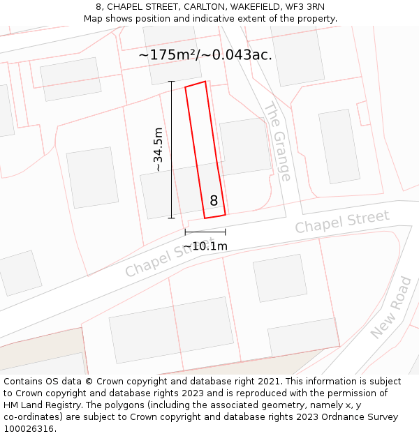 8, CHAPEL STREET, CARLTON, WAKEFIELD, WF3 3RN: Plot and title map