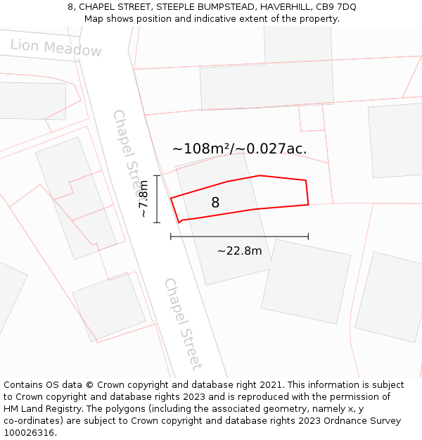 8, CHAPEL STREET, STEEPLE BUMPSTEAD, HAVERHILL, CB9 7DQ: Plot and title map