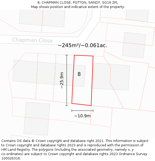 8, CHAPMAN CLOSE, POTTON, SANDY, SG19 2PL: Plot and title map