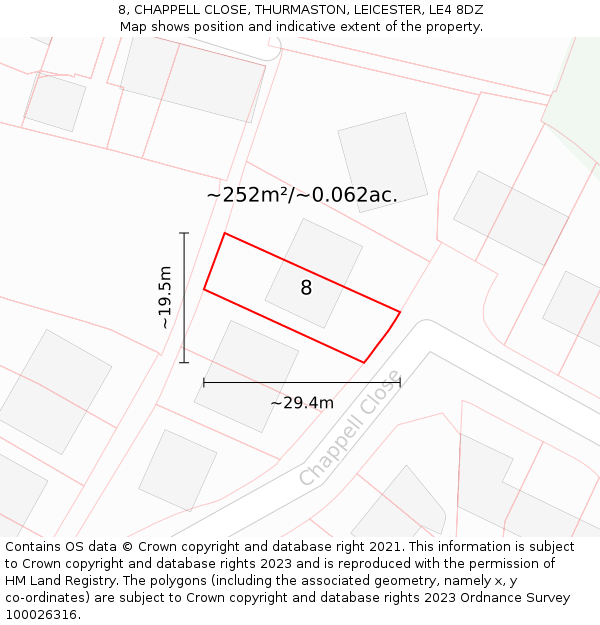 8, CHAPPELL CLOSE, THURMASTON, LEICESTER, LE4 8DZ: Plot and title map