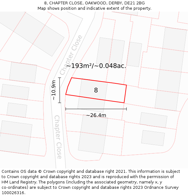 8, CHAPTER CLOSE, OAKWOOD, DERBY, DE21 2BG: Plot and title map