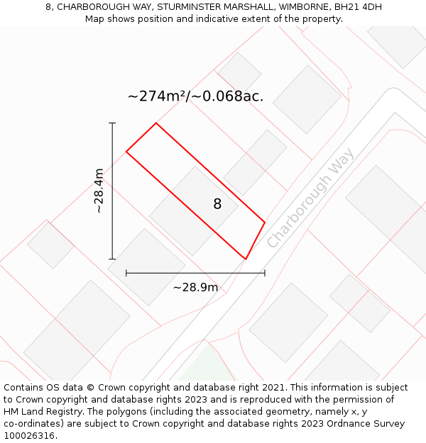 8, CHARBOROUGH WAY, STURMINSTER MARSHALL, WIMBORNE, BH21 4DH: Plot and title map