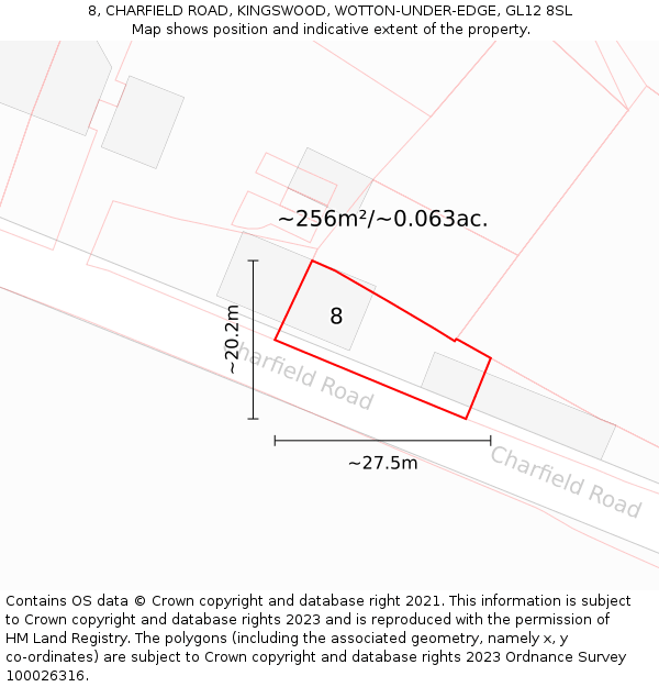 8, CHARFIELD ROAD, KINGSWOOD, WOTTON-UNDER-EDGE, GL12 8SL: Plot and title map