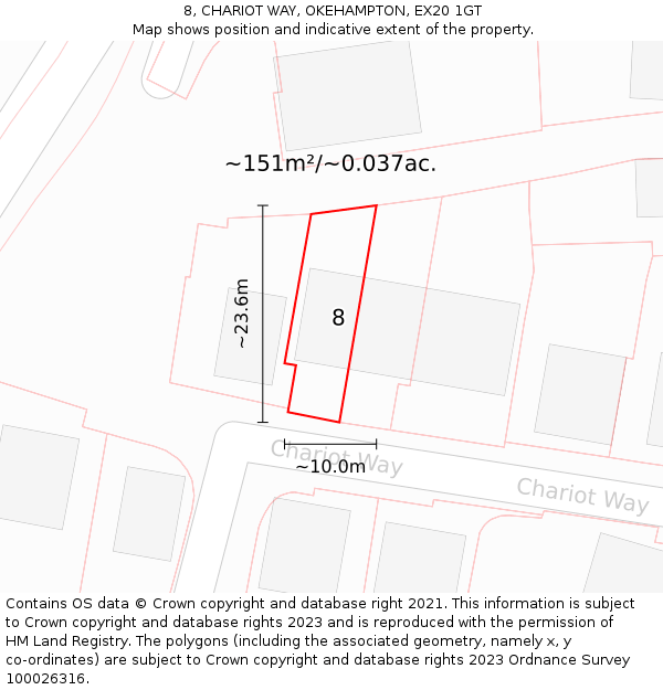 8, CHARIOT WAY, OKEHAMPTON, EX20 1GT: Plot and title map