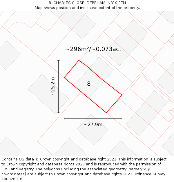8, CHARLES CLOSE, DEREHAM, NR19 1TN: Plot and title map