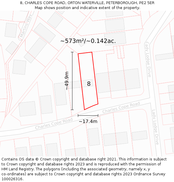 8, CHARLES COPE ROAD, ORTON WATERVILLE, PETERBOROUGH, PE2 5ER: Plot and title map
