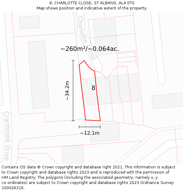 8, CHARLOTTE CLOSE, ST ALBANS, AL4 0TS: Plot and title map