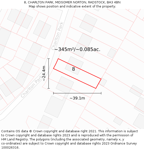 8, CHARLTON PARK, MIDSOMER NORTON, RADSTOCK, BA3 4BN: Plot and title map