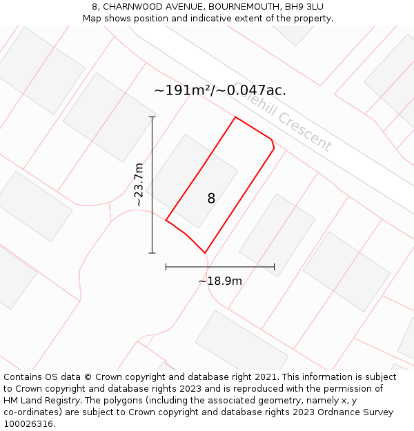 8, CHARNWOOD AVENUE, BOURNEMOUTH, BH9 3LU: Plot and title map