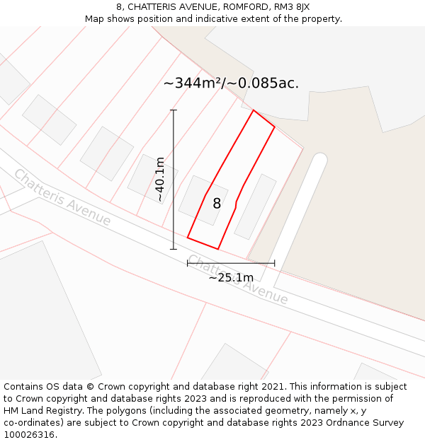 8, CHATTERIS AVENUE, ROMFORD, RM3 8JX: Plot and title map