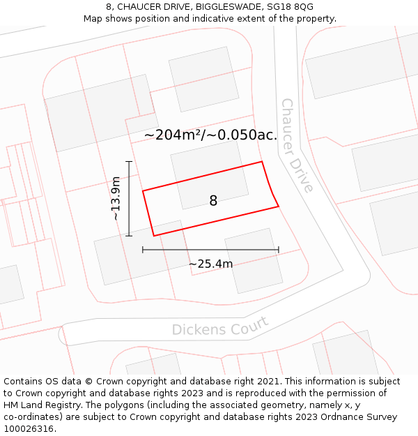 8, CHAUCER DRIVE, BIGGLESWADE, SG18 8QG: Plot and title map